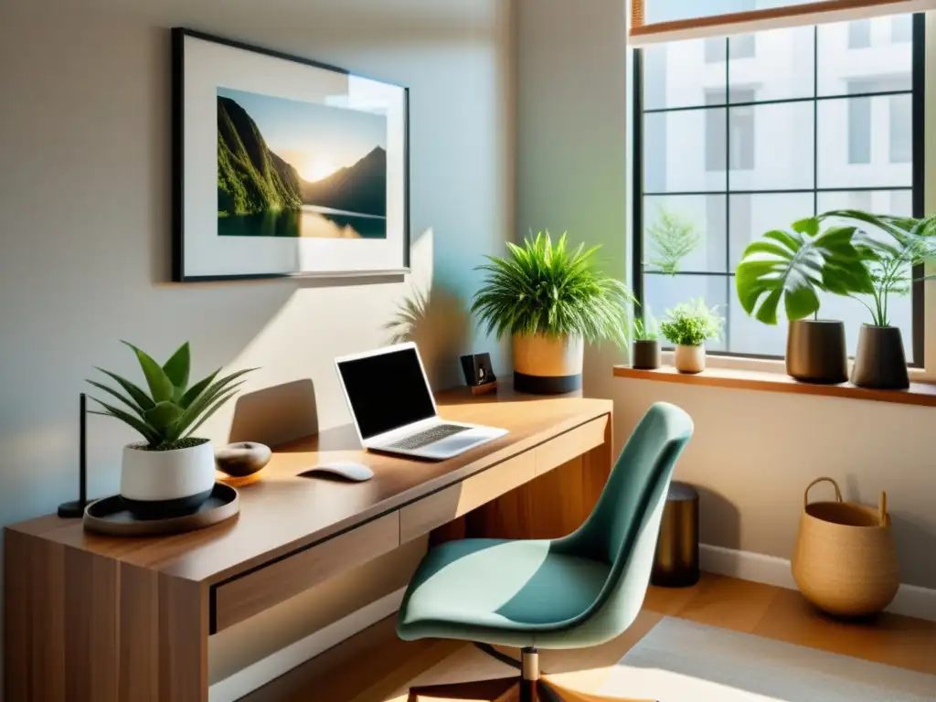 Un espacio de trabajo en casa con escritorio de madera, plantas, luz natural y elementos de Feng Shui para teletrabajo productivo