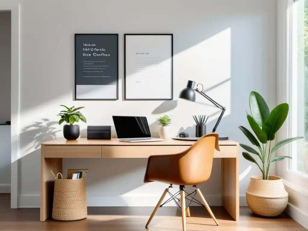 Espacio de trabajo en casa con decoración minimalista y equilibrio Feng Shui para el trabajo concentrado