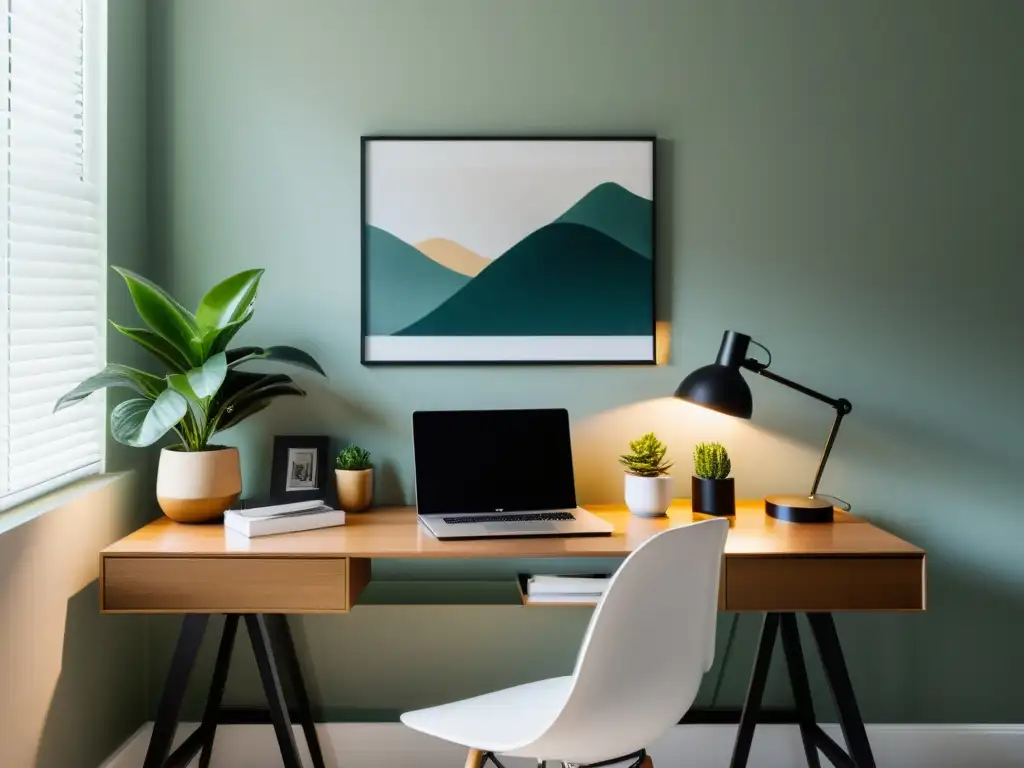 Un espacio de trabajo en casa minimalista y armonioso, con escritorio despejado, plantas, laptop y arte, ideal para Feng Shui para oficina en casa