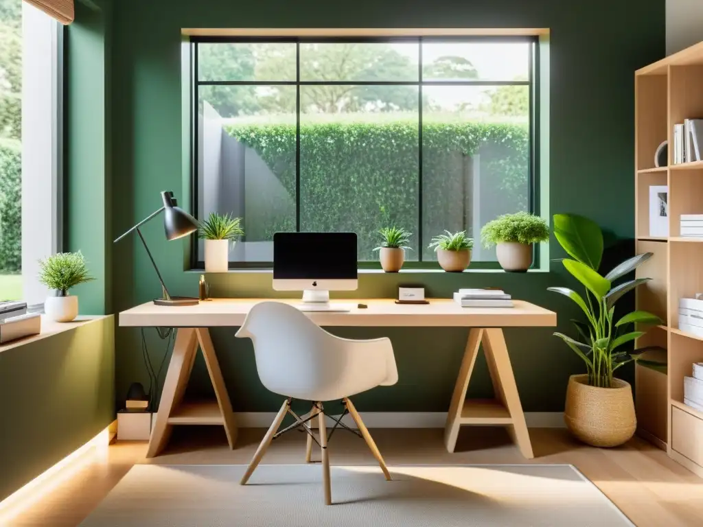 Espacio de trabajo en casa, minimalista y tranquilo con escritorio moderno cerca de ventana con vista a jardín