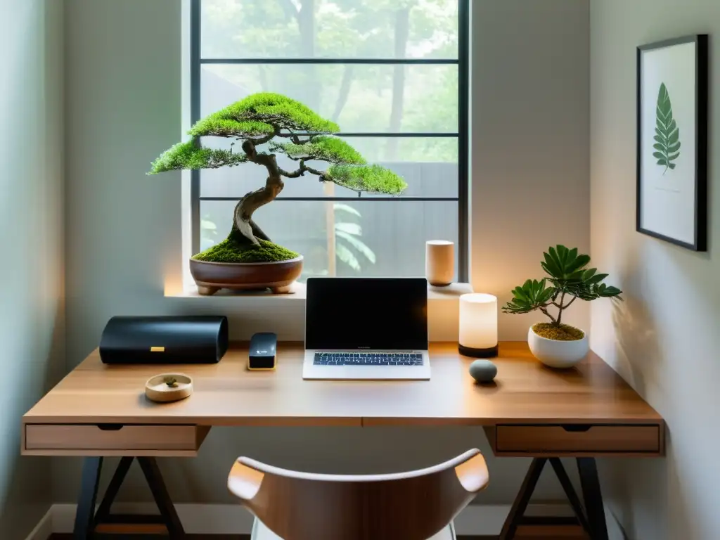 Un espacio de trabajo en casa minimalista con elementos de Feng Shui para teletrabajo en casa, y una atmósfera tranquila y armoniosa