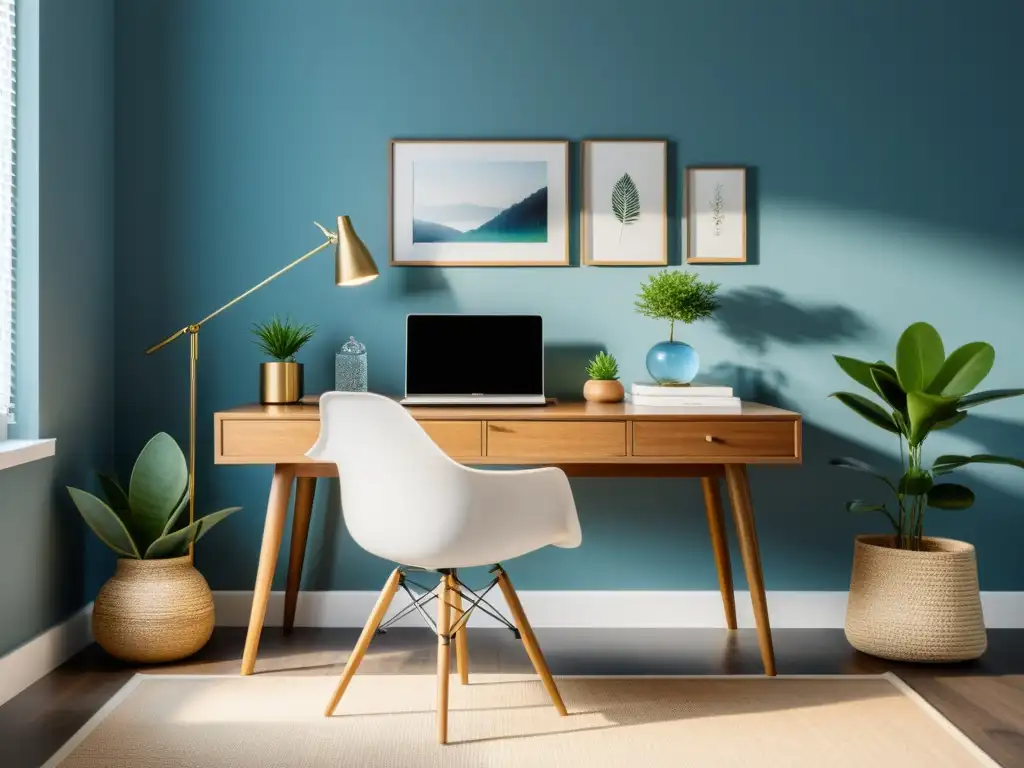 Un espacio de trabajo en casa minimalista con escritorio de madera y decoración Feng Shui para teletrabajo en casa