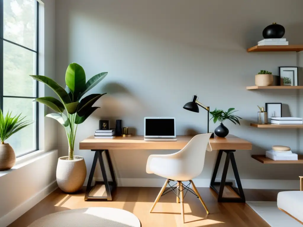 Un espacio de trabajo en casa minimalista con elementos de Feng Shui para teletrabajo productivo, iluminado por luz natural