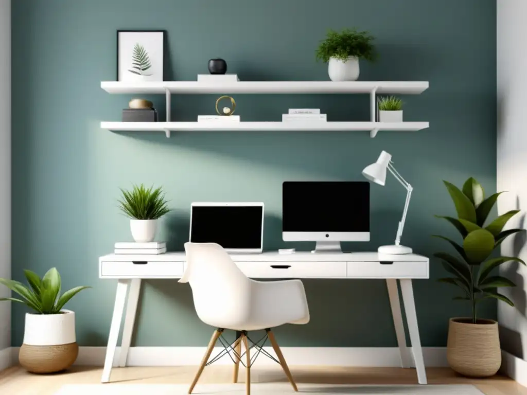 Espacio de trabajo en casa minimalista con escritorio despejado, estantes blancos y armonía