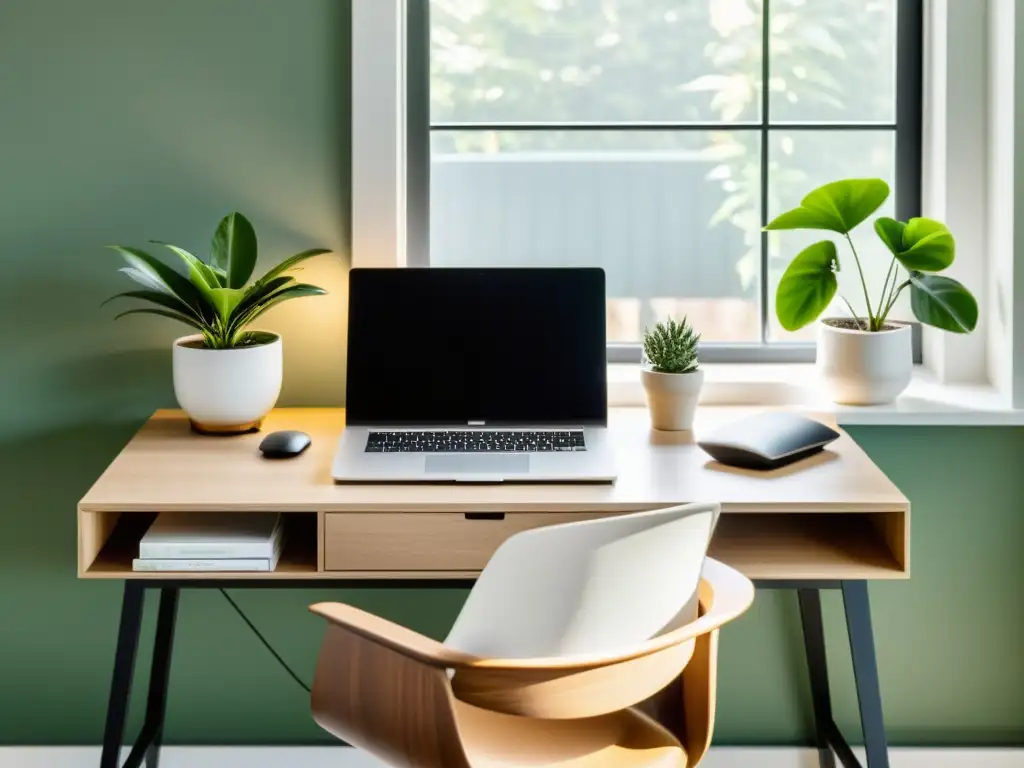 Un espacio de trabajo en casa organizado con diseño minimalista, equilibrado y tranquilo, siguiendo principios de Feng Shui para home office