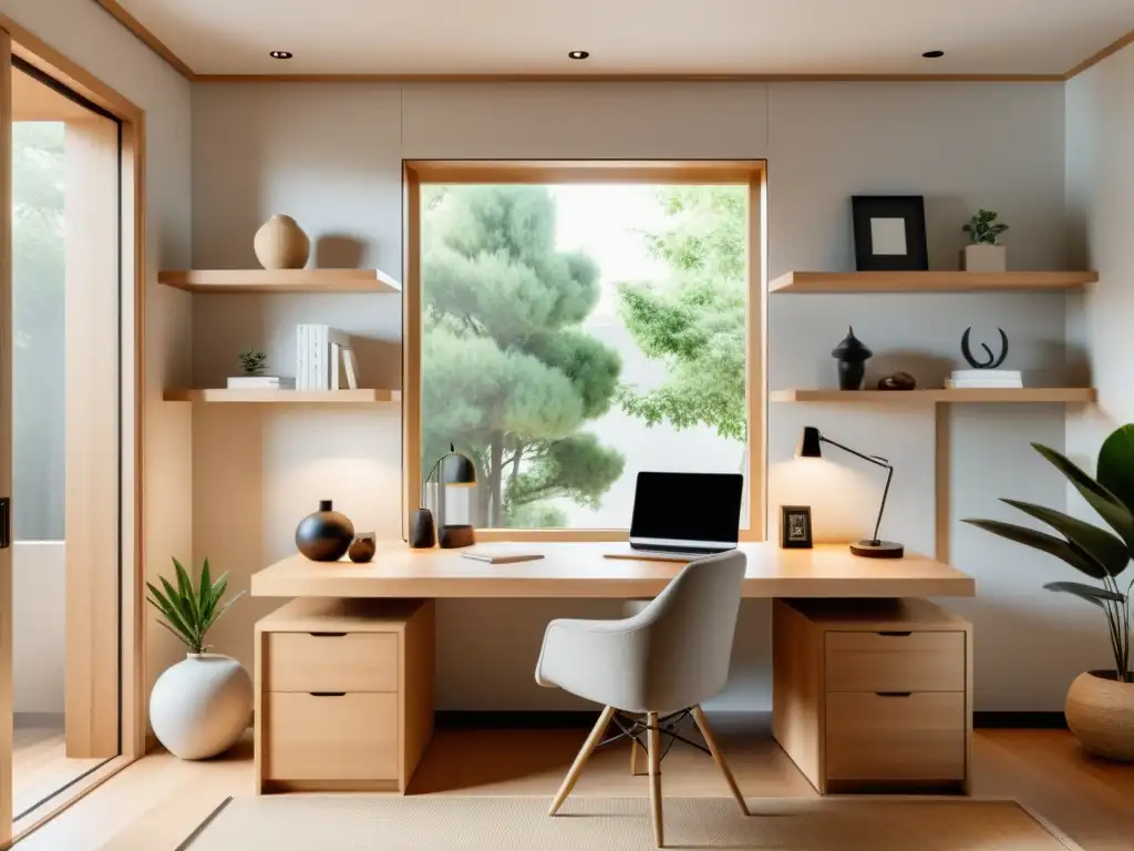 Espacio de trabajo en casa sereno con posicionamiento de escritorio Feng Shui para potenciar la armonía