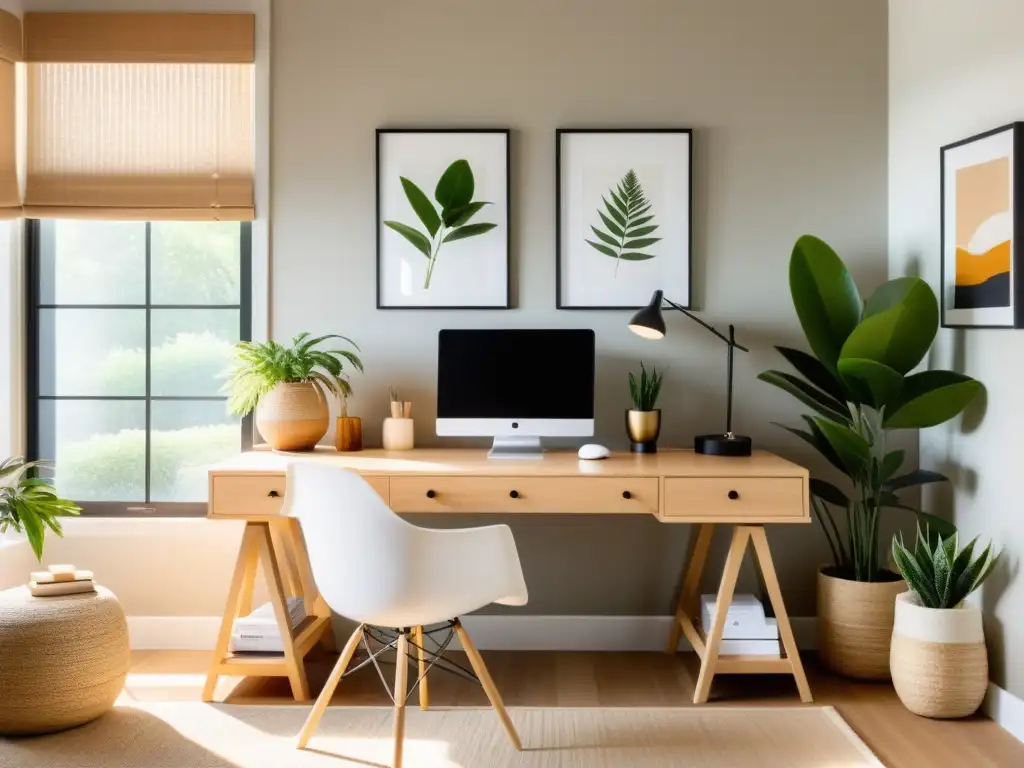 Un espacio de trabajo en casa sereno con escritorio ordenado, elementos de feng shui, luz natural y decoración minimalista