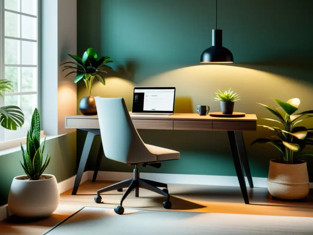 Espacio de trabajo en casa tranquilo y minimalista con Feng Shui para teletrabajo productivo, con plantas y luz natural