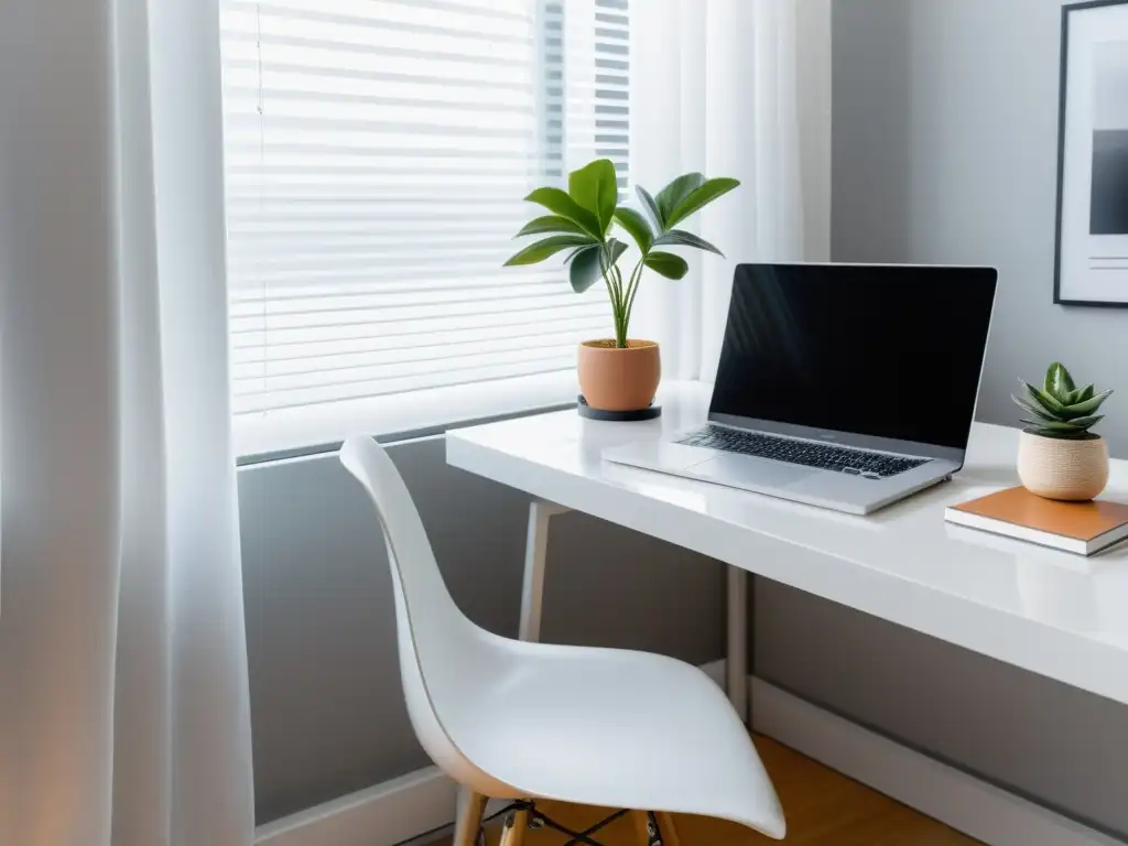 Un espacio de trabajo depurado con un escritorio blanco y una planta en maceta, organizador acrílico y ventana iluminada