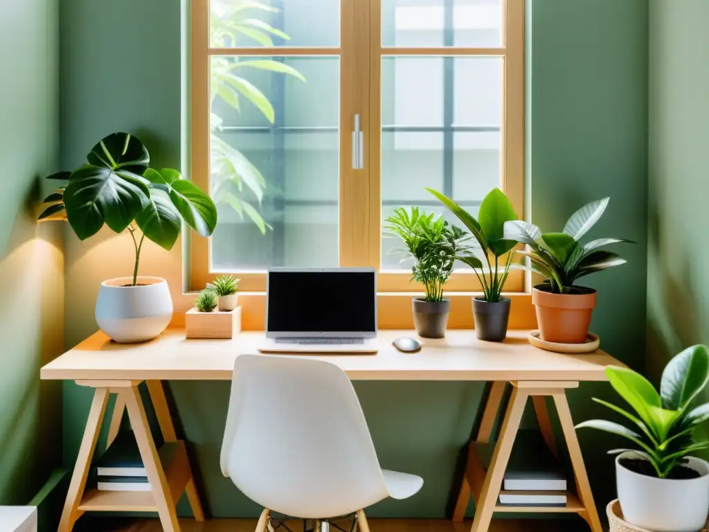 Espacio de trabajo ecológico y armonioso con Feng Shui, organizado y con luz natural