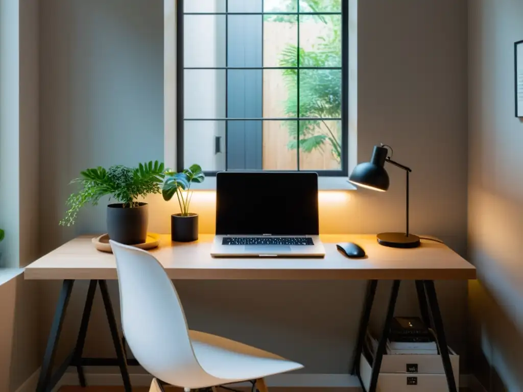 Espacio de trabajo Feng Shui con escritorio despejado, luz natural y serenidad minimalista