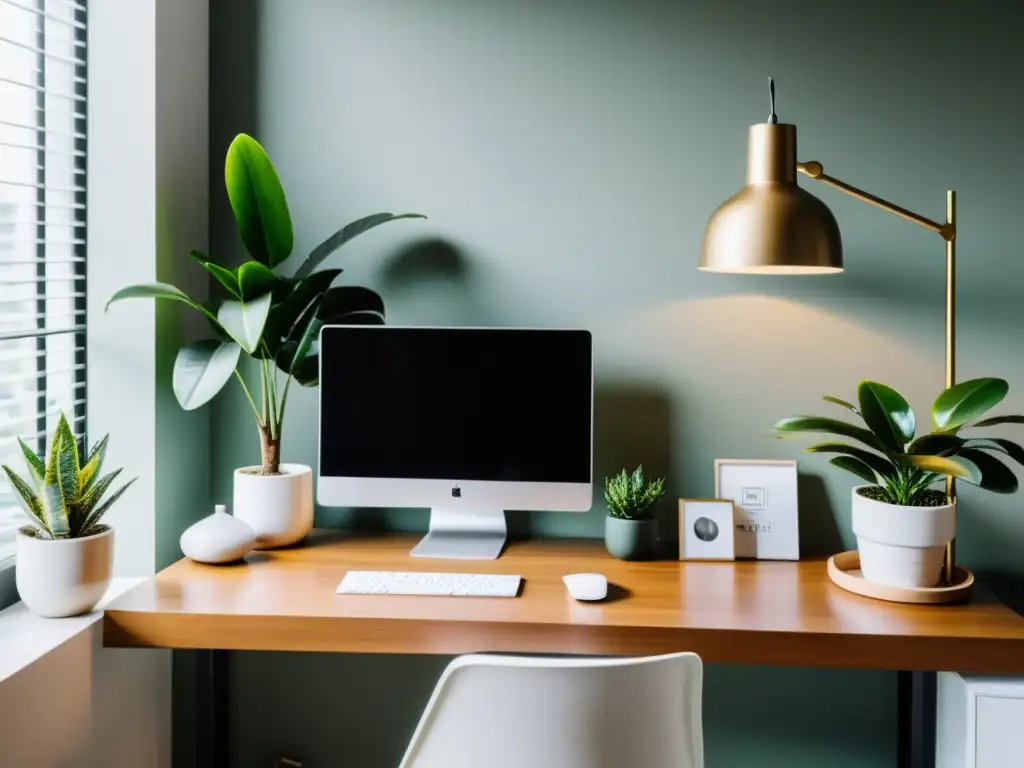 Espacio de trabajo Feng Shui con escritorio despejado, luz natural y plantas para armonía y equilibrio