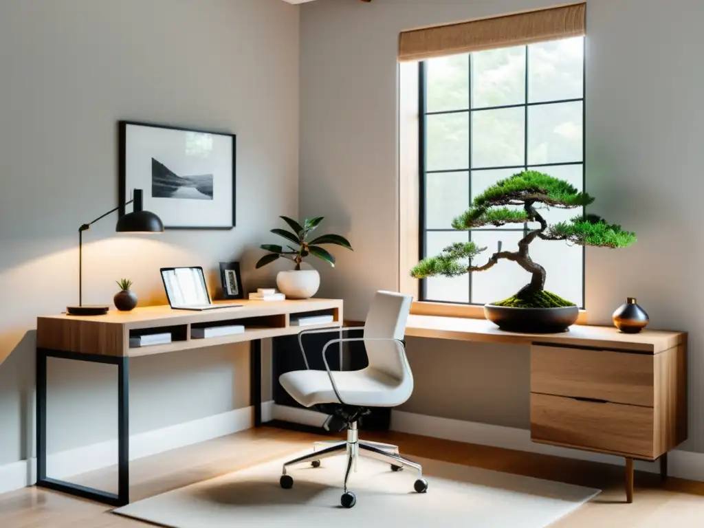 Espacio de trabajo Feng Shui con escritorio de madera, elementos naturales y atmósfera tranquila