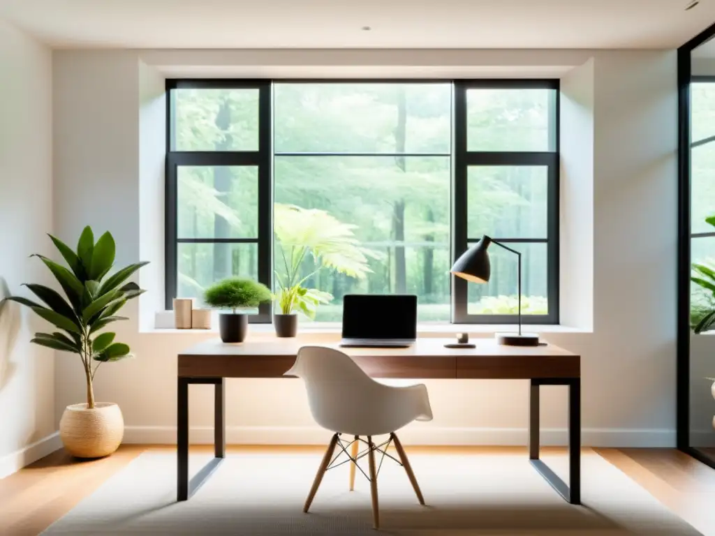 Espacio de trabajo Feng Shui con escritorio de madera y elementos armoniosos, bañado por luz natural