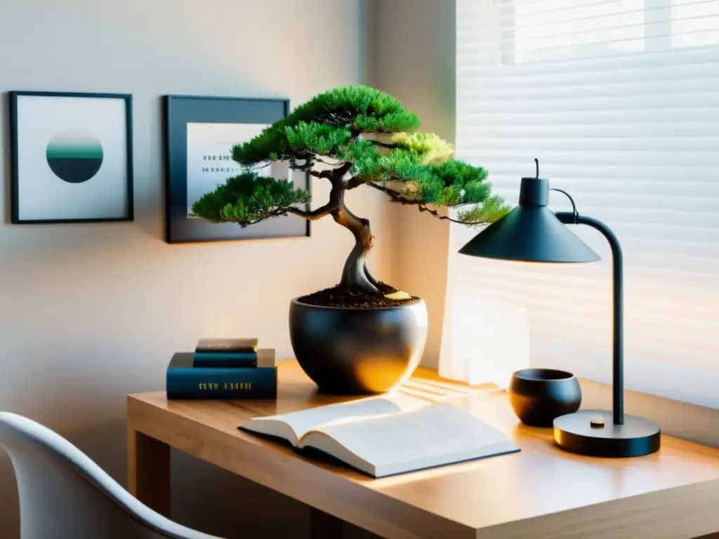 Un espacio de trabajo inspirado en el zen con una lámpara negra minimalista, un bonsái y libros organizados sobre principios de feng shui