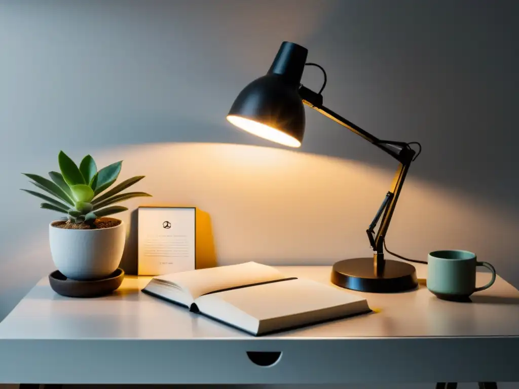 Un espacio de trabajo minimalista con iluminación armoniosa en Feng Shui