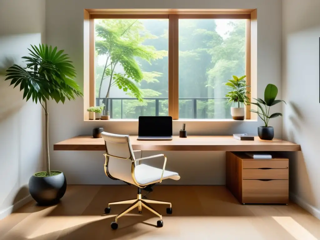 Espacio de trabajo minimalista y armonioso con escritorio de madera natural y silla ergonómica