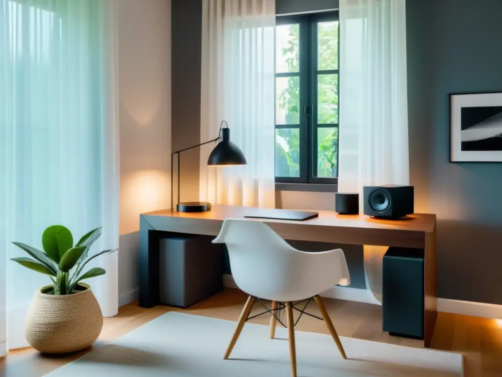 Un espacio de trabajo minimalista con una atmósfera tranquila, iluminación suave y música ambiente feng shui