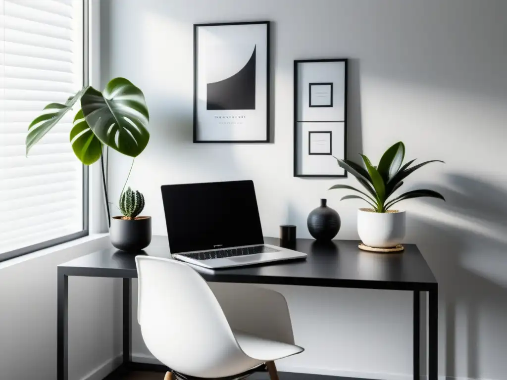 Espacio de trabajo minimalista en blanco y negro con elementos de Feng Shui para empoderar mujeres