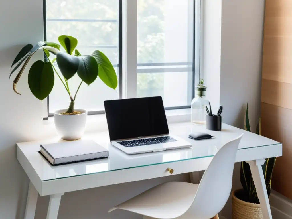 Un espacio de trabajo minimalista y despejado con claridad mental, decorado con serenidad y naturaleza