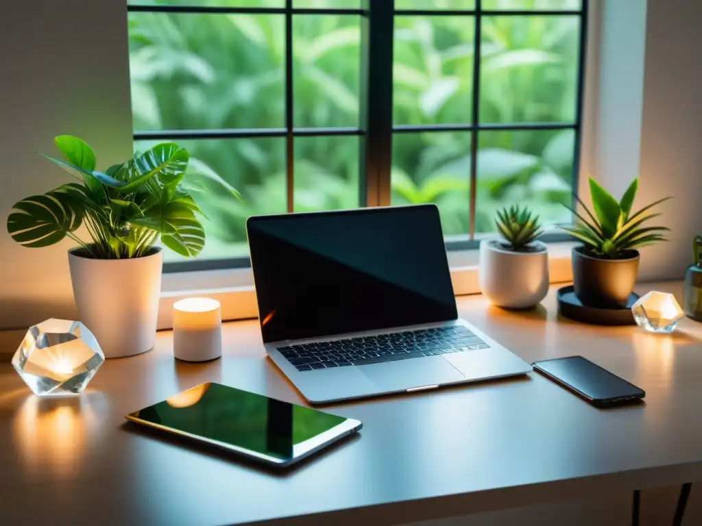 Un espacio de trabajo minimalista con dispositivos electrónicos rodeados de cristales y plantas, generando una purificación energética