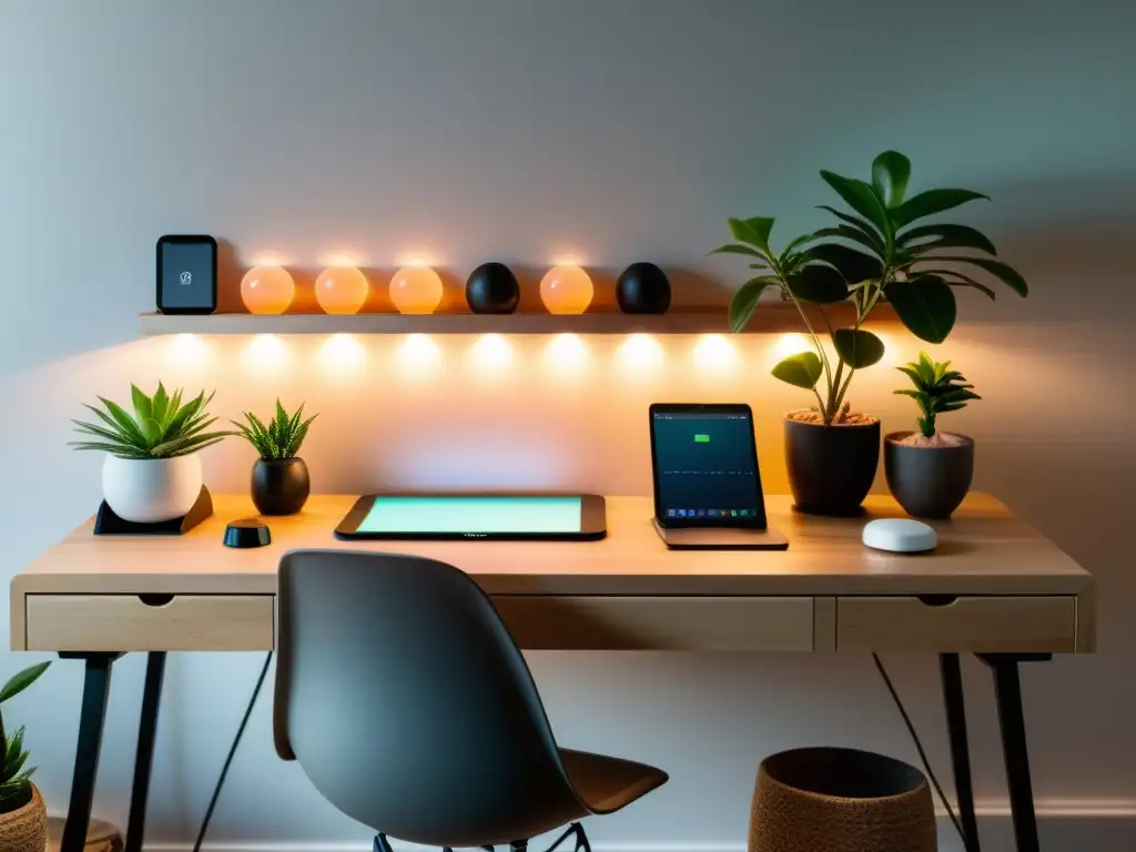 Espacio de trabajo minimalista con organización dispositivos Feng Shui, madera, plantas y luz natural