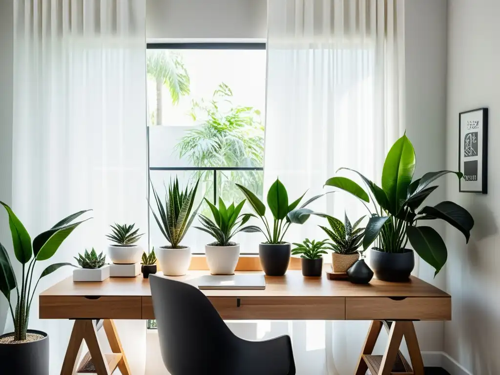 Un espacio de trabajo minimalista con un elegante escritorio de madera y una variedad de plantas de interior en macetas geométricas modernas