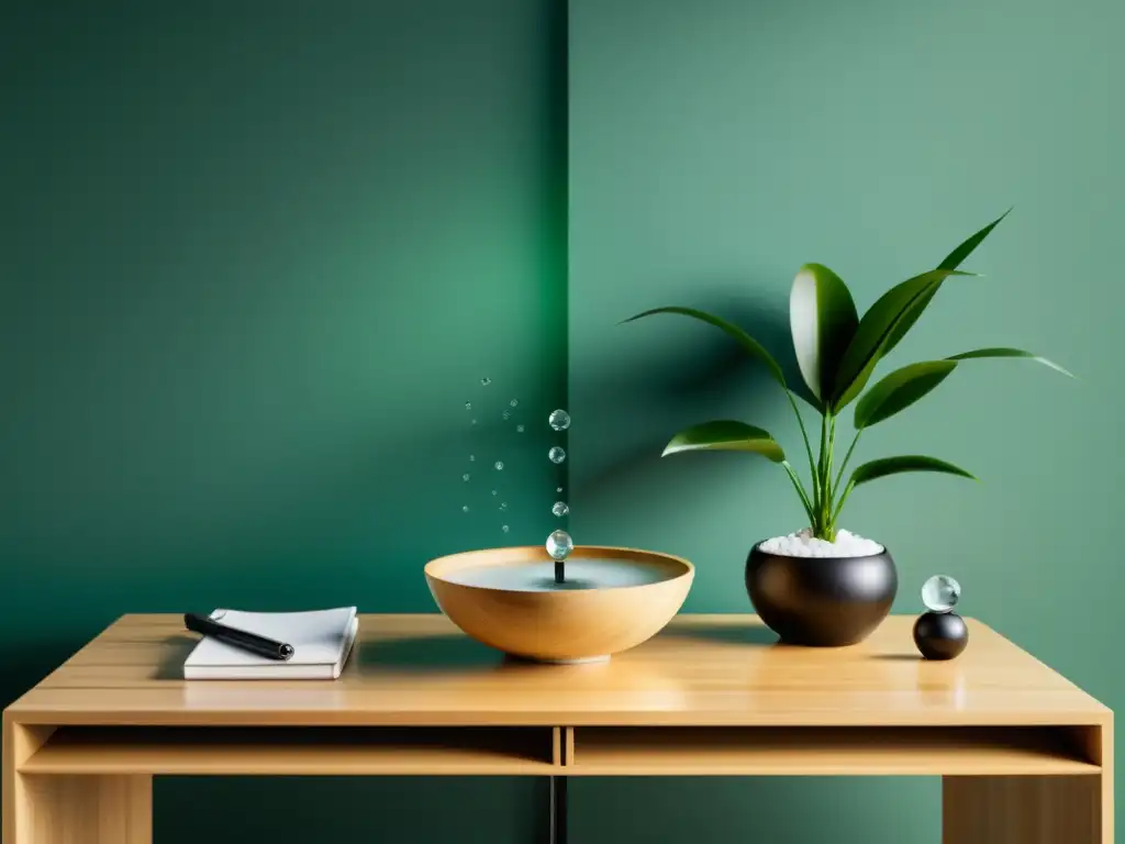 Espacio de trabajo minimalista con elementos Feng Shui para armonizar oficina, incluyendo planta de bambú, fuente de agua y símbolo yinyang