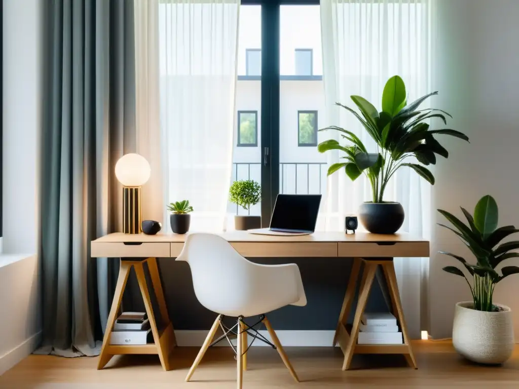 Espacio de trabajo minimalista con Feng Shui, limpiar energía digital con armonía y tranquilidad