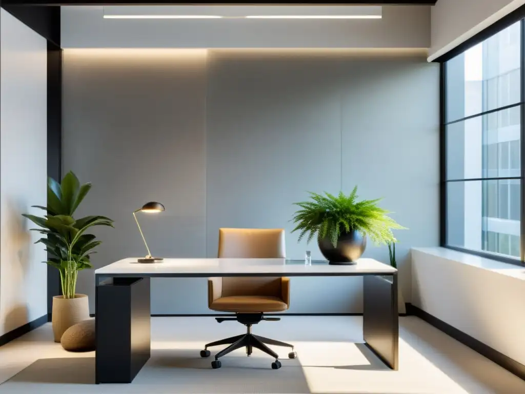 Espacio de trabajo minimalista con iluminación Feng Shui, equilibrio y tranquilidad