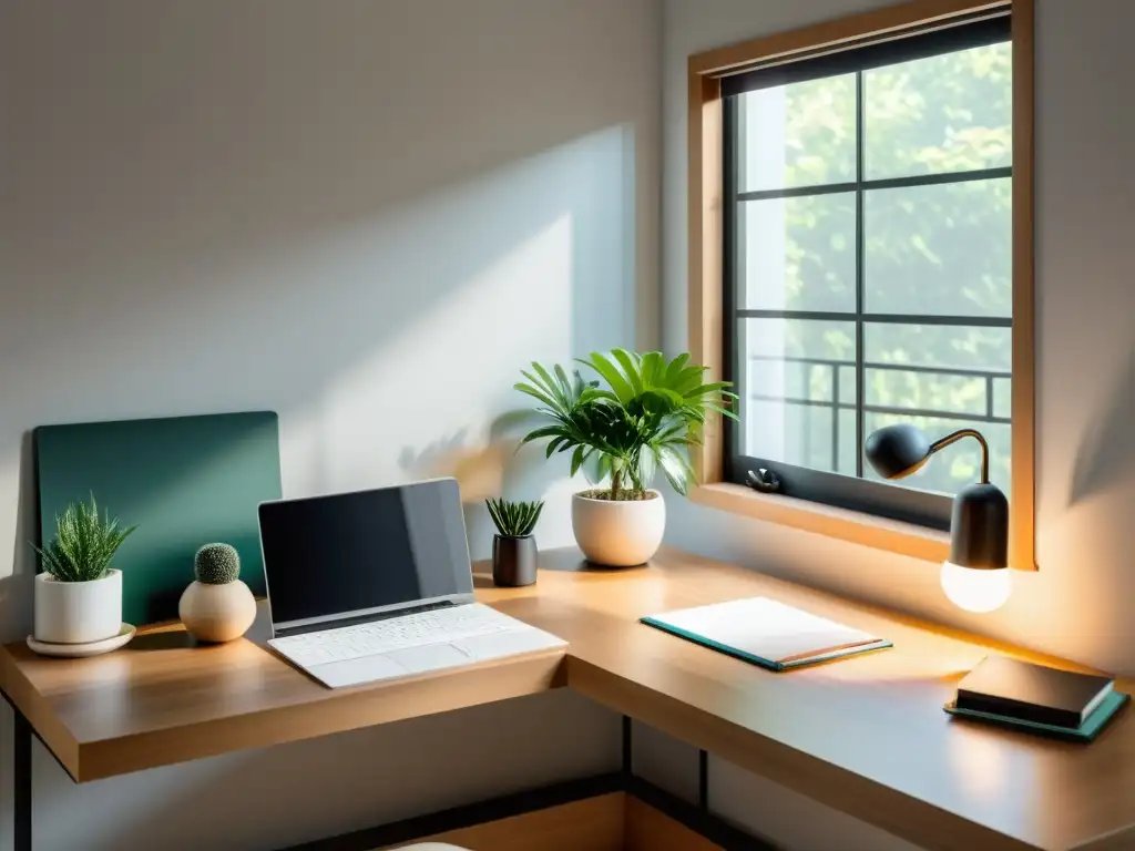 Un espacio de trabajo minimalista con un escritorio de madera elegante, una silla ergonómica y una disposición ordenada de papelería