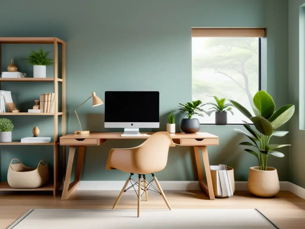 Espacio de trabajo minimalista con escritorio Feng Shui para aumentar productividad en armonía y serenidad