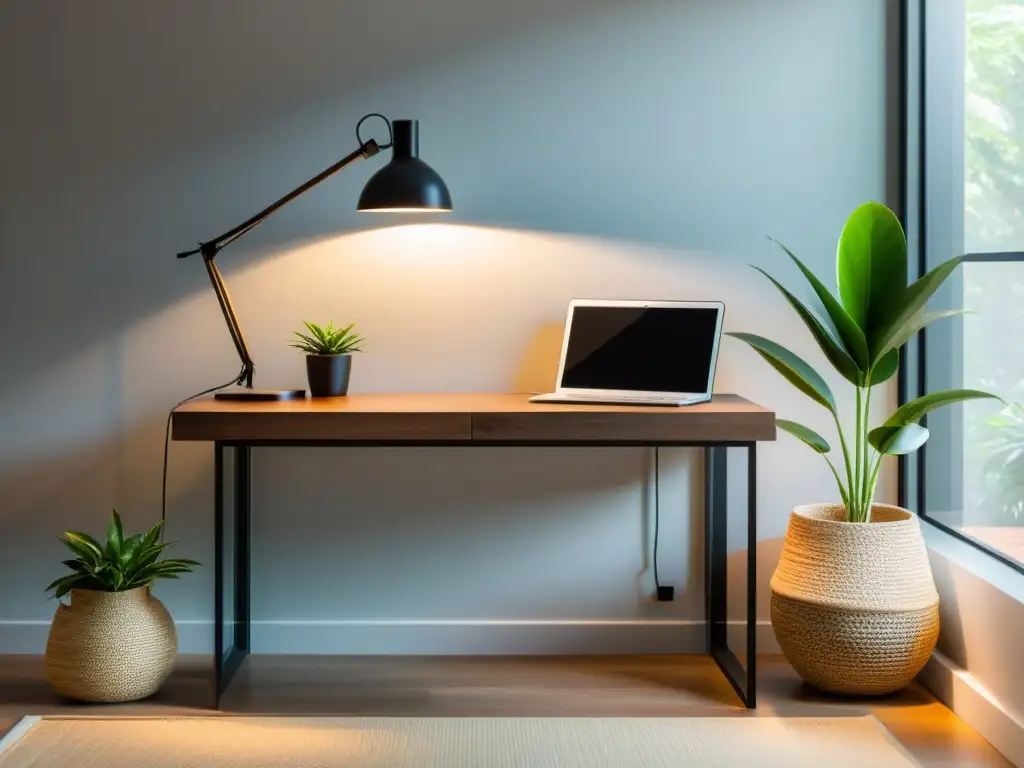 Un espacio de trabajo minimalista con un escritorio de madera elegante, una planta, una lámpara de escritorio y una computadora portátil