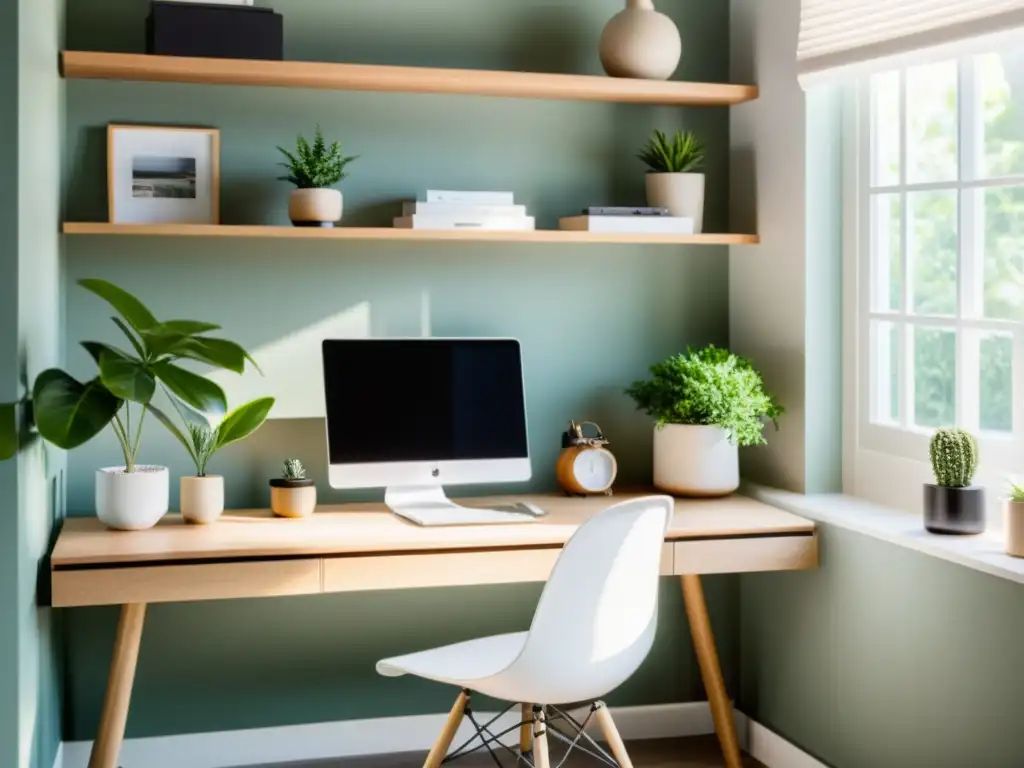 Un espacio de trabajo hogareño y minimalista con un escritorio despejado cerca de una ventana, bañado por luz natural