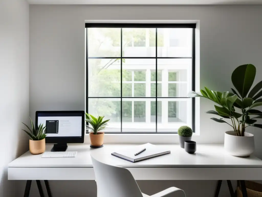 Espacio de trabajo minimalista con escritorio blanco y planta, fomentando el Feng Shui en la era digital