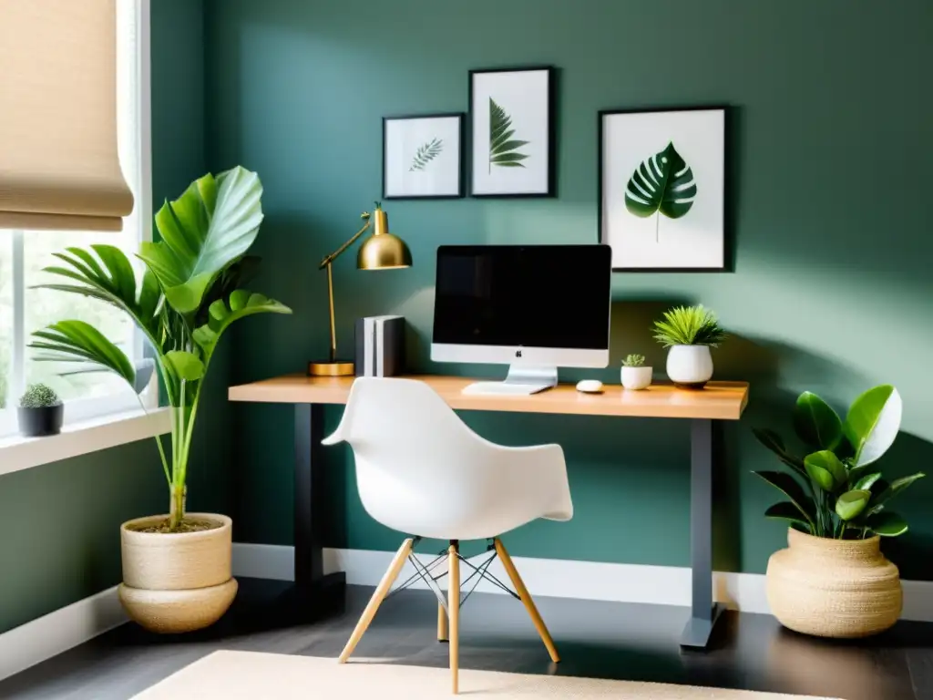 Espacio de trabajo Feng Shui: Oficina minimalista con escritorio despejado, silla ergonómica y colores calmados, iluminada y armoniosa