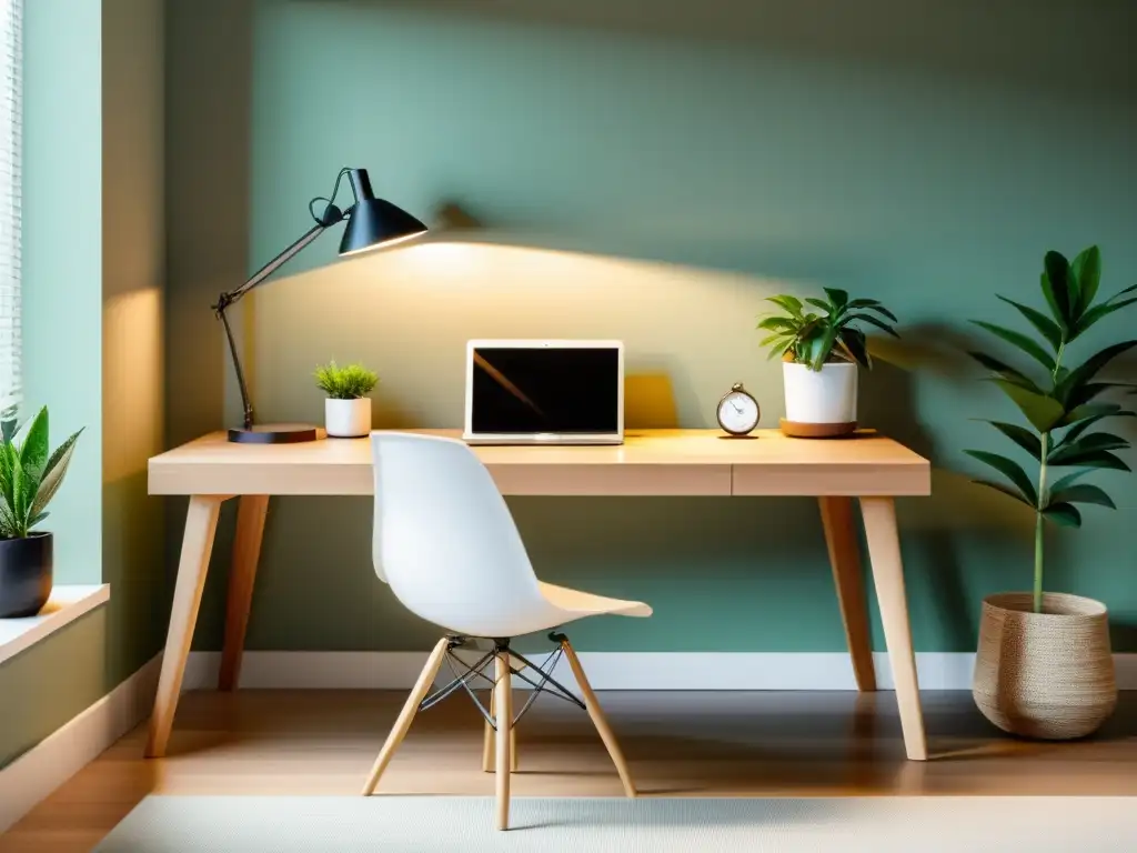 Espacio de trabajo minimalista Feng Shui con escritorio de madera clara, plantas y luz natural relajante