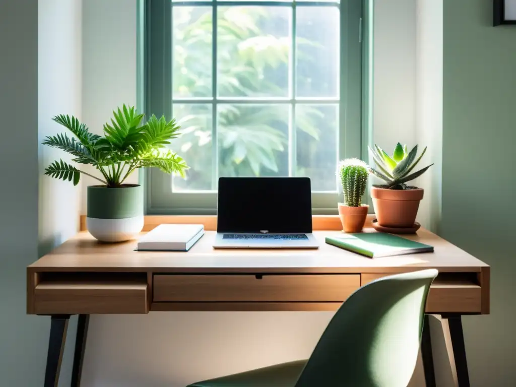 Un espacio de trabajo minimalista Feng Shui con un escritorio de madera, plantas verdes y luz natural, creando armonía y serenidad