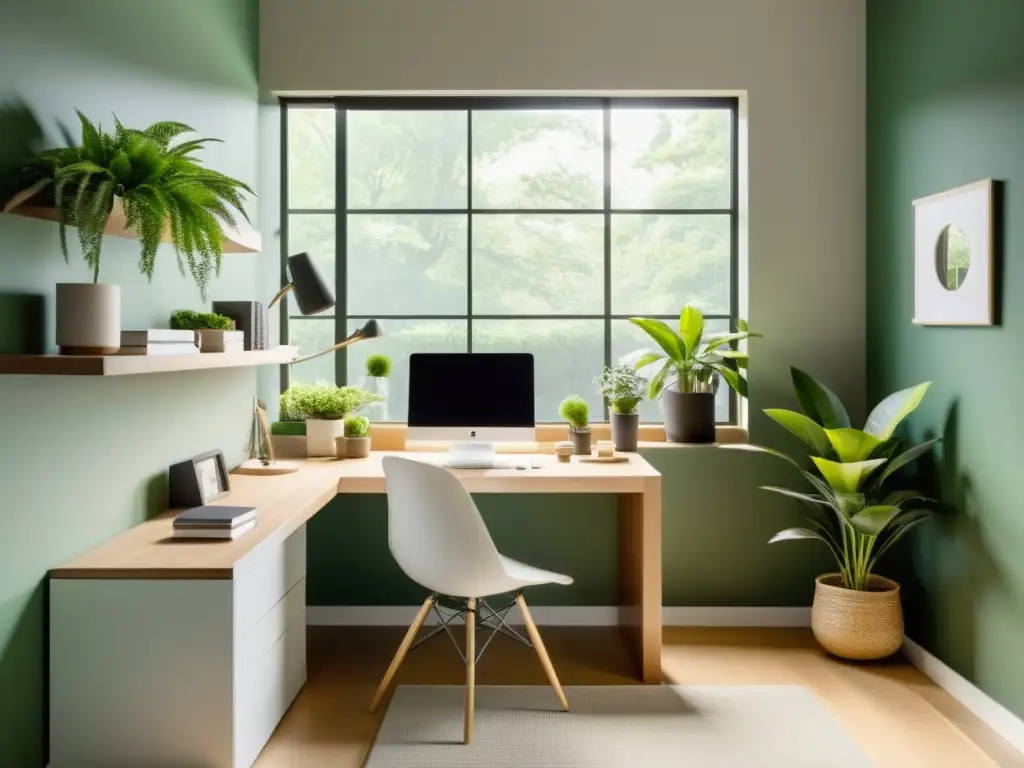 Espacio de trabajo minimalista con escritorio despejado, decoración cuidadosa y luz natural