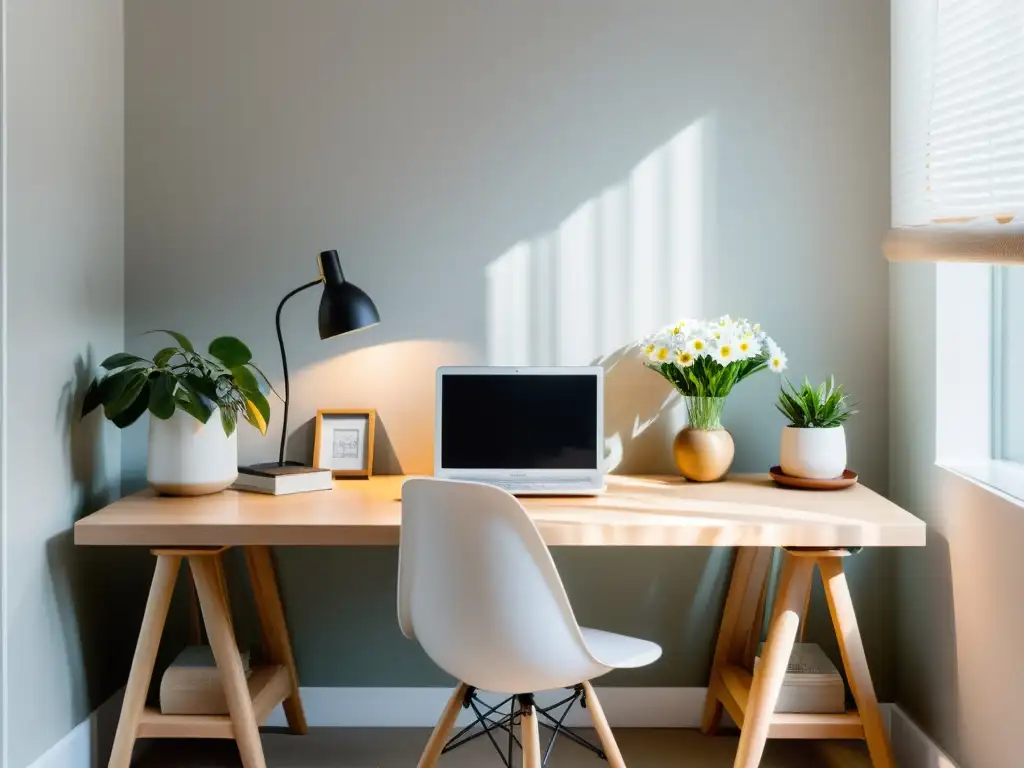 Un espacio de trabajo minimalista Feng Shui con escritorio de madera clara, luz natural y elementos cuidadosamente seleccionados para promover la tranquilidad y la productividad