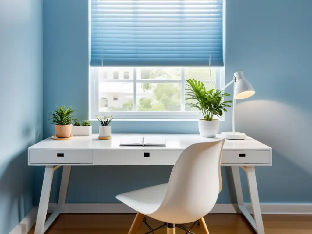 Espacio de trabajo minimalista Feng Shui con escritorio blanco, planta y luz natural