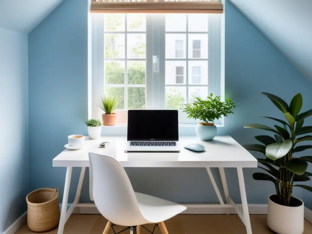 Un espacio de trabajo minimalista Feng Shui con un escritorio blanco, una planta y luz natural