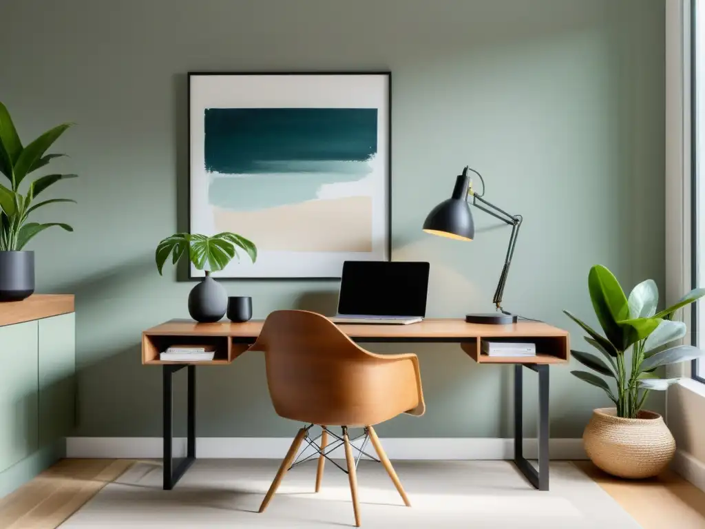 Espacio de trabajo minimalista Feng Shui con escritorio de madera, luz natural y atmósfera serena