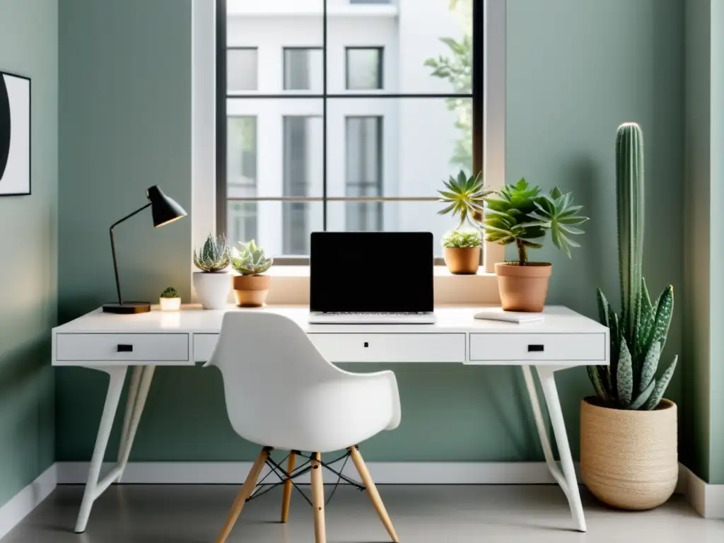 Un espacio de trabajo minimalista con escritorio blanco, suculentas y laptop, iluminado por luz natural