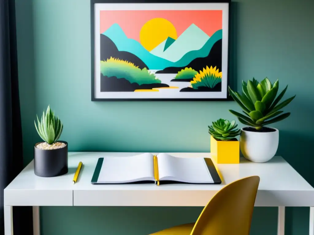 Espacio de trabajo minimalista con objetos Feng Shui para éxito: escritorio negro, lámpara dorada, planta suculenta, arte abstracto y laptop