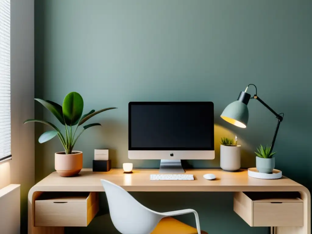 Espacio de trabajo minimalista inspirado en Feng Shui, con equilibrio, armonía y diseño gráfico