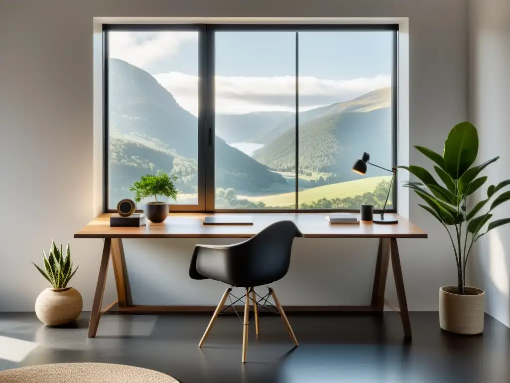 Un espacio de trabajo minimalista e inspirado en el Feng Shui, con una decoración serena y una paleta de colores calmada, en armonía con la naturaleza