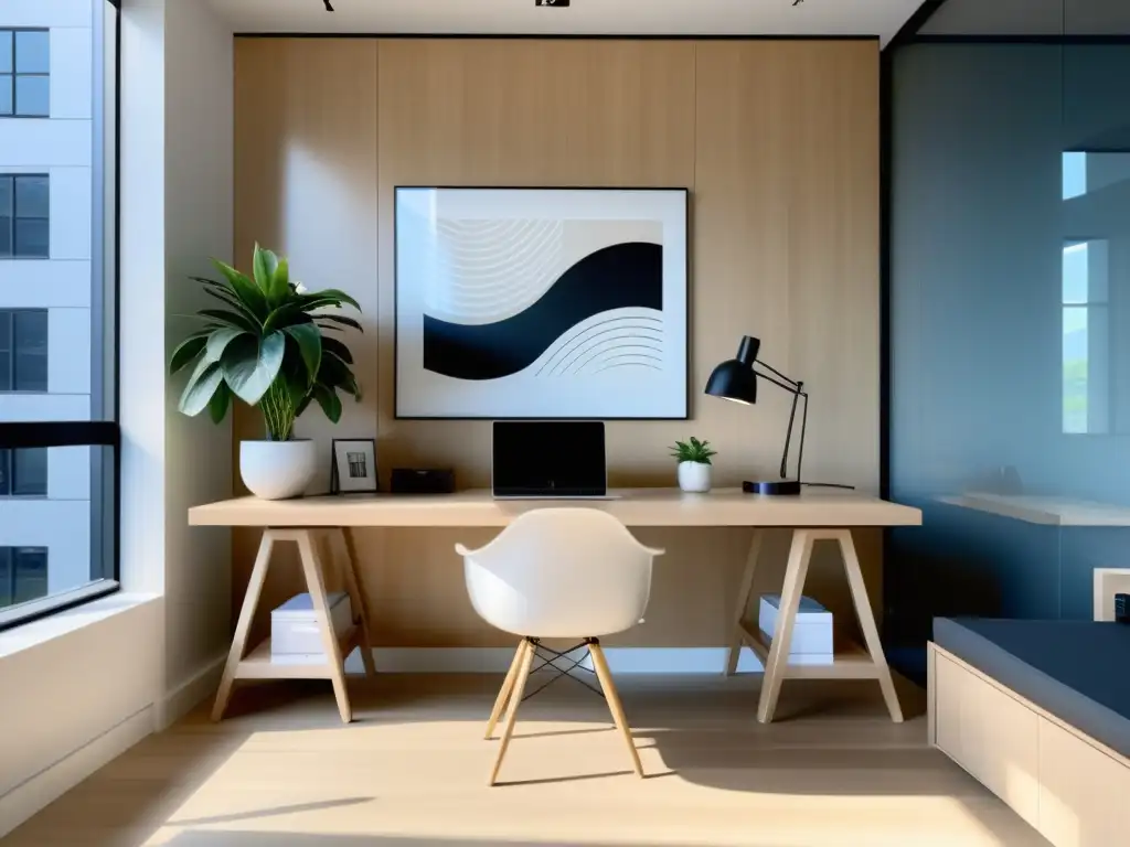 Espacio de trabajo minimalista Feng Shui con luz natural, mobiliario moderno y ambiente tranquilo