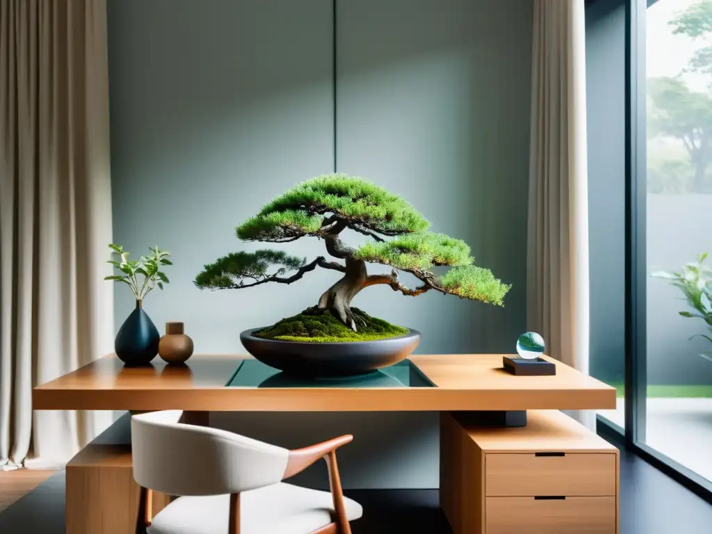 Espacio de trabajo Feng Shui con decoración minimalista, luz natural y armonía entre elementos naturales y modernos