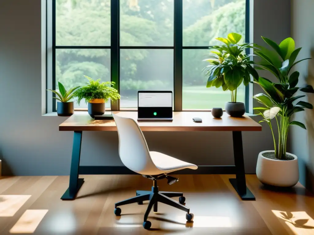 Un espacio de trabajo minimalista con muebles inteligentes para Feng Shui, integrando tecnología y armonía natural